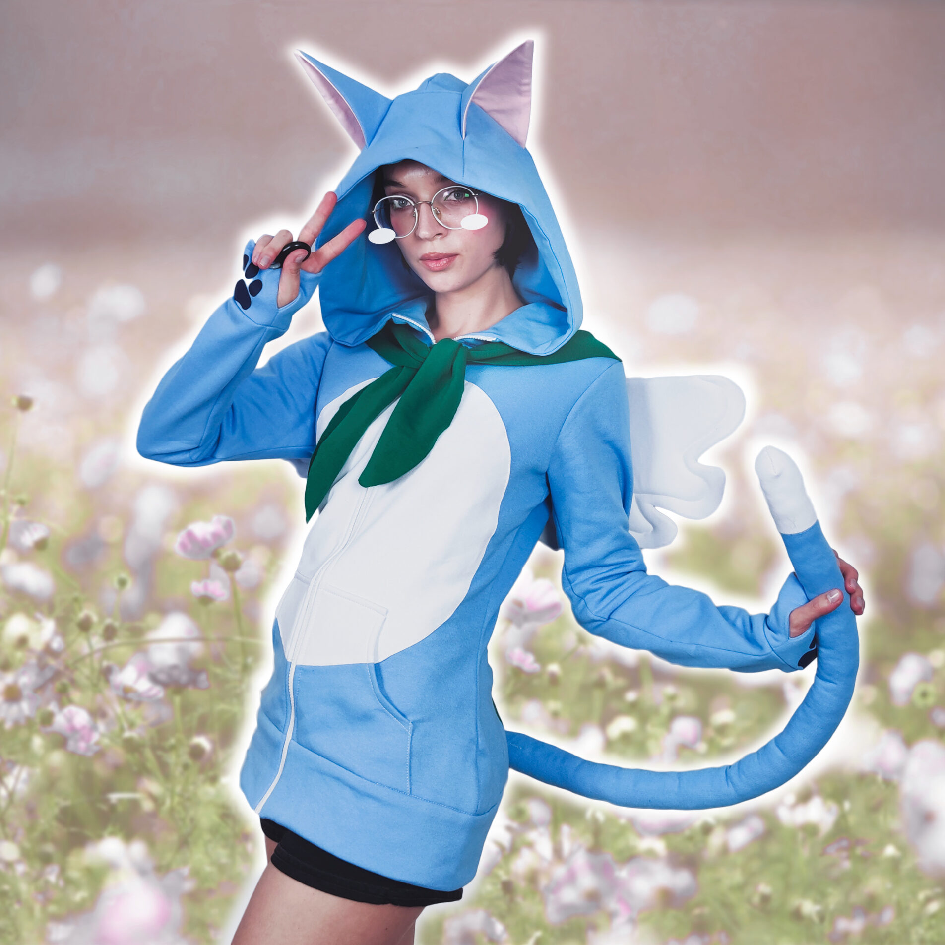 blue happy cat hoodie with cat ears